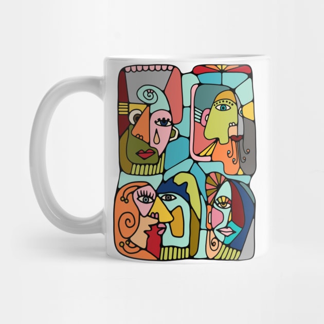 Cubist Picasso Style Faces In Mid Century Modern Colors by Slightly Unhinged